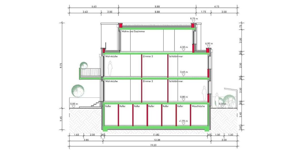 2 Zi.-Souterrain-Whg mit Gartenanteil / Grundriss variabel / mit Fahrstuhl – Schnitt 1
