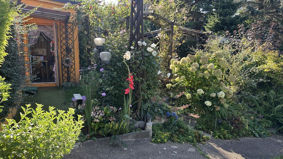 Eigenheim am SW-Stadtrand mit schönem Garten – Garten, Blick zur Sommerküche