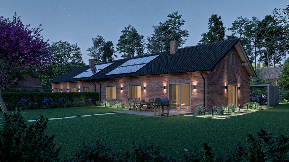 Demi-maison bungalow haut de gamme avec cuisine équipée et sauna – situation attractive et calme à Barum – Aussenansicht Garten bei Nacht