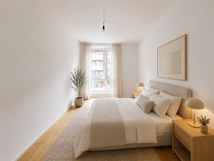 Moderno piso de 3 habitaciones con azotea, balcón y plaza de garaje subterráneo en HafenCity – Virtuelles Staging Schlafzimme