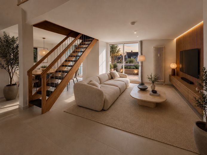 Zentral gelegene 4-Zimmer Maisonettewohnung mit 70m² Dachterrasse und Tiefgaragenstellplatz – Wohnzimmer möbliert