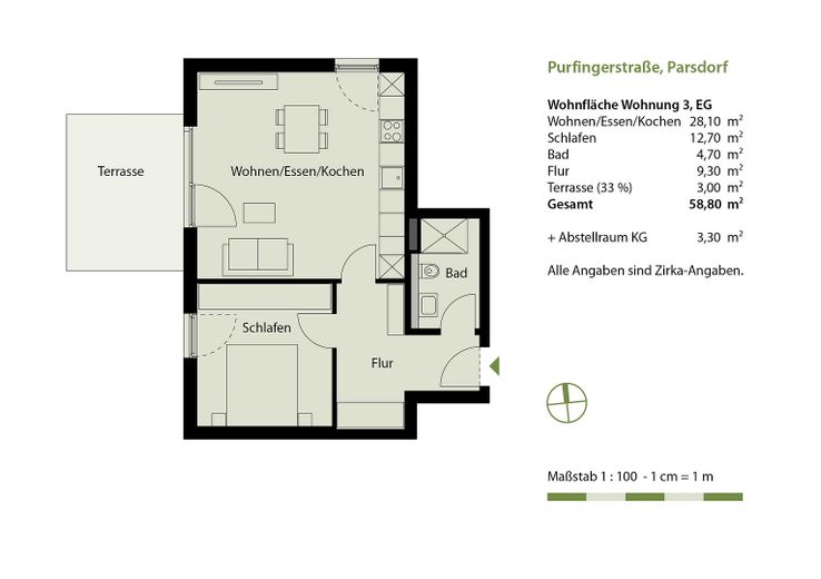 Neubau-Gartenwohnung, 2 Zimmer, bezugsfertig & provisionsfrei, KfW 40 QNG | Parsdorf bei München – Grundriss WE 3