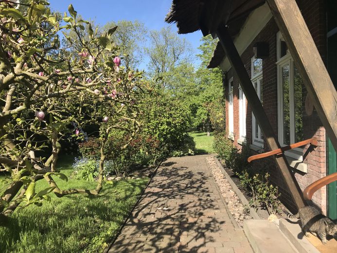 Großzügiges Anwesen unter Reet mit großem parkähnlichem Grundstück - vielseitig nutzbar. – Weg am Haus mit Haupteingang