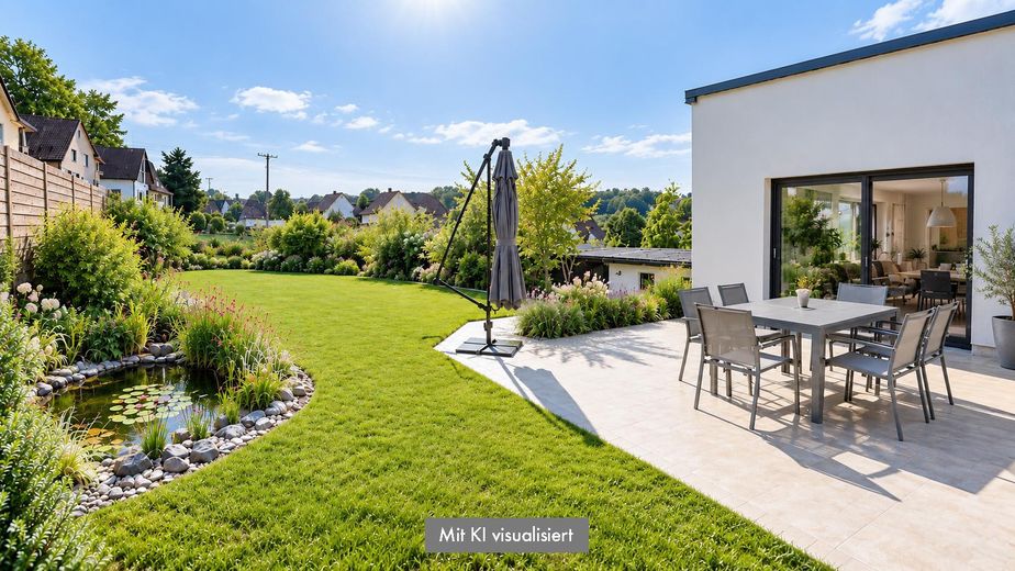 Architekten-Bungalow mit großem Grundstück und Baupotenzial – Garten mit Teich visualisiert