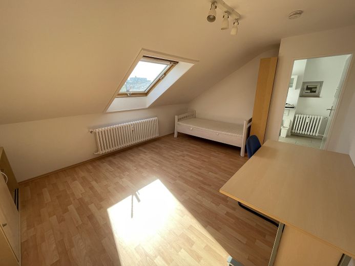 Möblierte 1-Zimmer-Wohnung mit EBK in Düsseldorf-Holthausen – Direktbus zur HHU – Wohn-/Schlafzimmer
