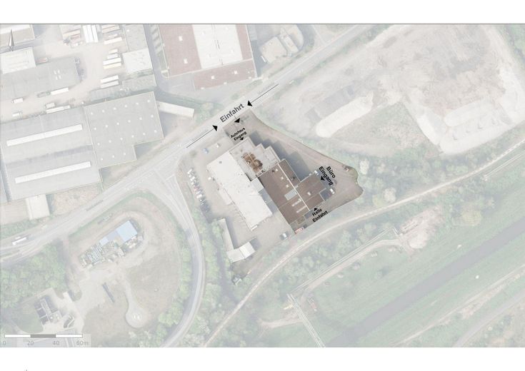 Superfici ufficio flessibili con capannone di stoccaggio e aree sociali a Gelsenkirchen-Erle – Luftbild – Lage des Gewerbeobj
