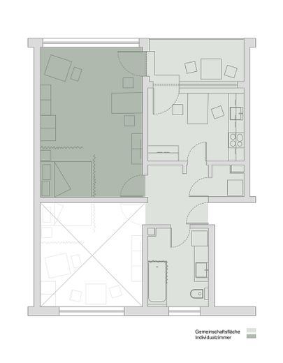 Zimmer und Gemeinschaftsfläche