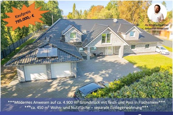 ***Modernes Anwesen - Haus mit Einliegerwohnung auf ca. 4.900 m² Grundstück mit Teich in Flachsmeer***