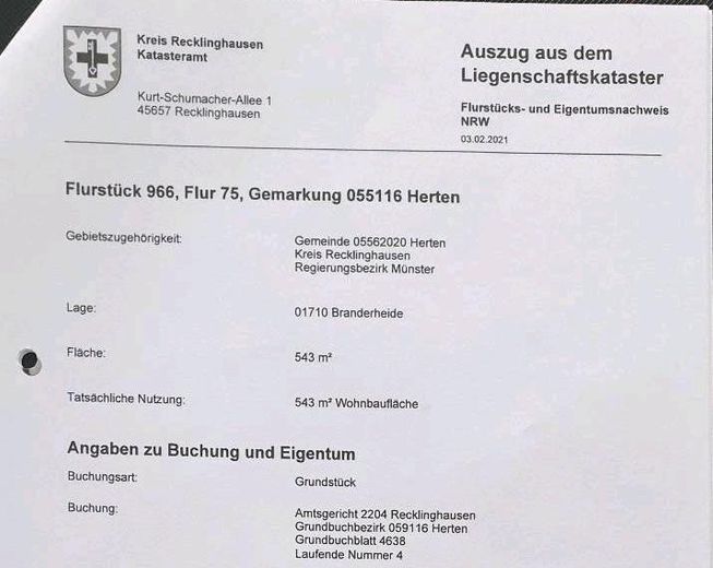 Baugrundstück in Herten mit gültiger Baugenehmigung für ZFH – Liegenschaftskataster