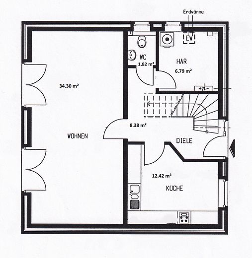 Massivhaus mit Doppelgarage, Fußbodenheizung, Wärmepumpe – Grundriss untere Etage