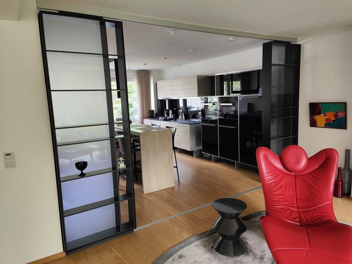 Designer Maisonette-Wohnung nähe Zoopark mit Blick ins Grüne, Fussbodenheizung, Kamin, Terrasse – WZ + Küche