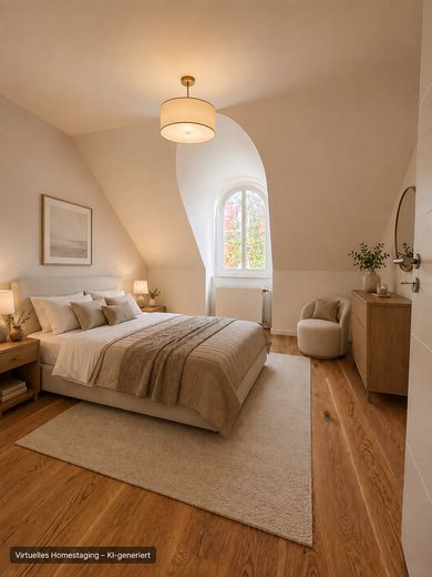Stilvoll saniertes Dachgeschoss mit Rundbogen-Gauben und Balkon in Kirchrode – Schlafzimmer - Homestaging