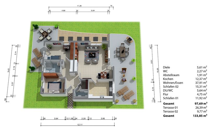 Provisionsfrei:  134m² ETW mit umlaufender Terrasse und Garage – GR visualisiert