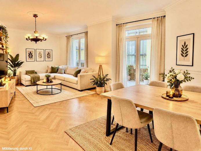 Zonder makelaarscourtage: Instapklaar droomappartement in een oud gebouw met 2 balkons en energie-efficiëntieklasse C in B-Friedrichshain – Wohnzimmer von Küche aus