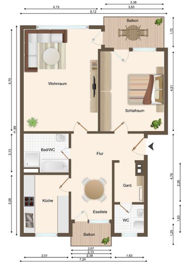 2,5 Zi-Wohnung Hochparterre mit Nord und Süd Balkon in ruhiger Lage, Tiefgarage, geringe Nebenkosten – 2,5 Zimmer, Grundriß