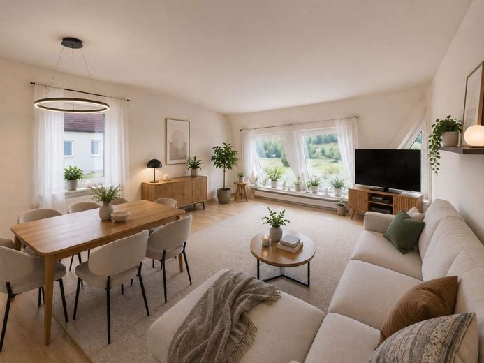 Helle Dachgeschosswohnung mit Balkon in ruhiger, grüner Lage vor den Toren Berlins – Visualisierung Wohnzimmer