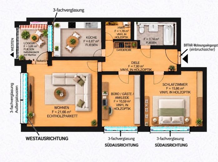 Hannover-Bemerode'un sakin ve seçkin konumunda cazip 3 odalı daire (72 m²) – Grundriss