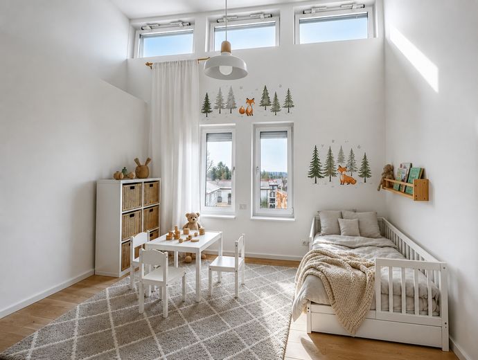 Haus im Haus großzügige 156 m² 4 Zimmer Penthousewohnung mit Aufzug, Süd Balkon, nahe Berlin – Schlafzimmer 2 KI visualisiert