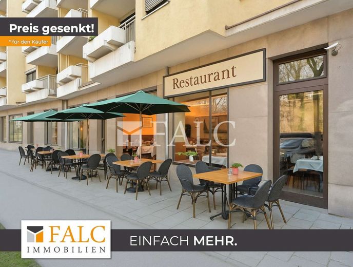 Zentrumsnahe, attraktive 3-teilige Gewerbeeinheit in der Münchner Innenstadt – Restaurant mit Außentischen KI generiert