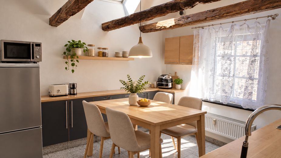 Toplage, helles Dachgeschoss mit Südbalkon und Einbauküche! – Küche - Essbereich 