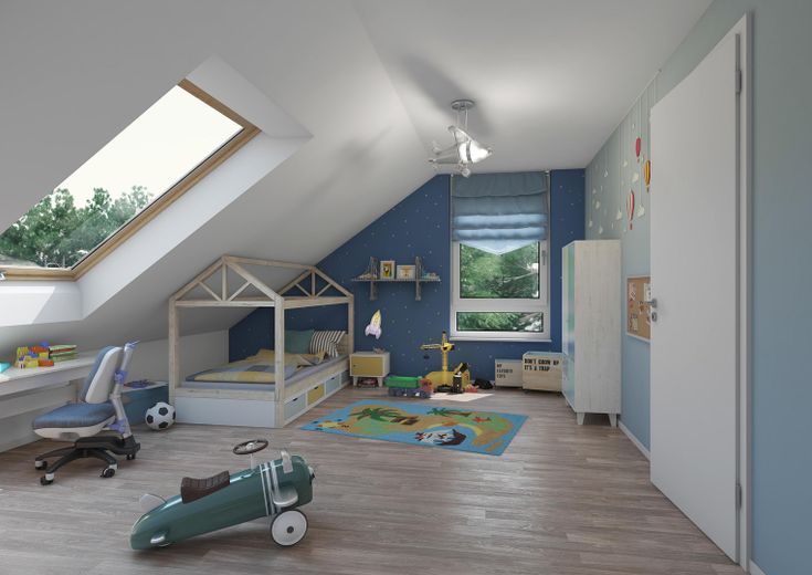 Nowoczesny dom murowany KfW-40-QNG z ogrodem – doskonała lokalizacja w Hattersheim, instalacja fotowoltaiczna i pompa ciepła w cenie – Kinderzimmer Dachgeschoss