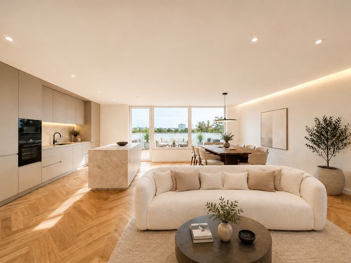 Exklusiver Wohntraum über Köln: Penthouse mit spektakulärer 97 m² Dachterrasse, Provisionsfrei – Wohnküche 1 (KI-möbliert)