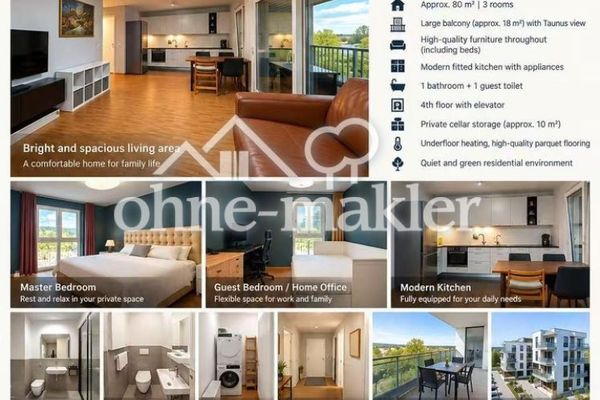 Fully Furnished 3-Room Modern Apartment with Large Balcony and Taunus Views in Oberursel