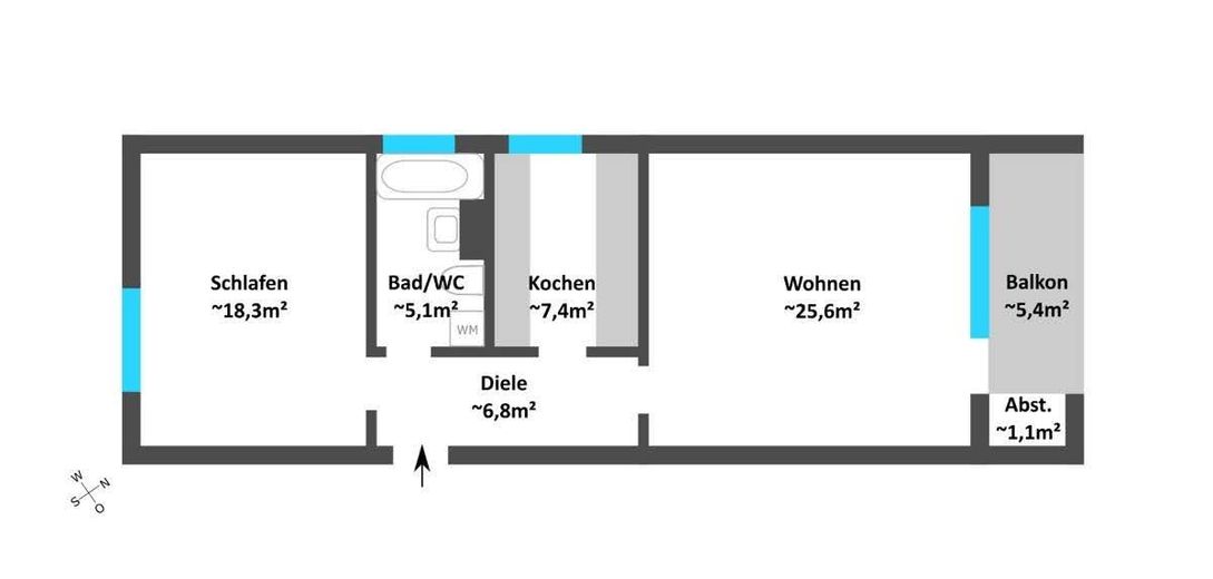 Einladung in dein/euer neues Zuhause (2 Zi, 6. Stock, Aufzug, Balkon, Stellplatz, EBK) – Grundriss
