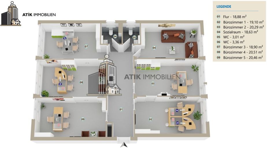 ATIK: Ausbau nach Mieterwunsch - klimatisierte Bürofläche im EG mit Top Preis-Leistungs-Verhältnis – 3D Grundriss