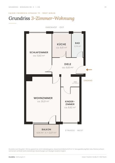 ¡Sin comisión! Tu hogar en Charlottenburg: luminoso apartamento de 3 habitaciones con balcón, cocina equipada y ascensor – Marketing-Grundriss WE 3