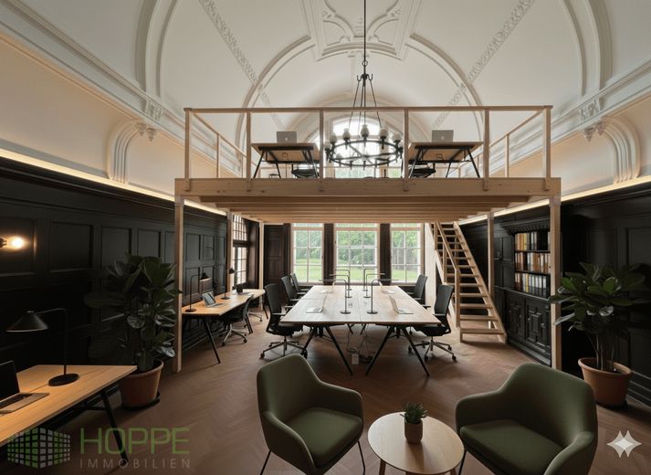 Schloss Siethen - Repräsentative Büro-, Kanzlei- oder Praxisräume in Seenähe – Coworking mit Zwischengeschoss(Einrichtungsbeispiel KI generiert)