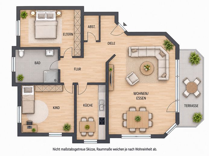 Puderbach'ta kiralık 3 odalı daire (88m²) teraslı, şu anda yenileniyor – Grundriss