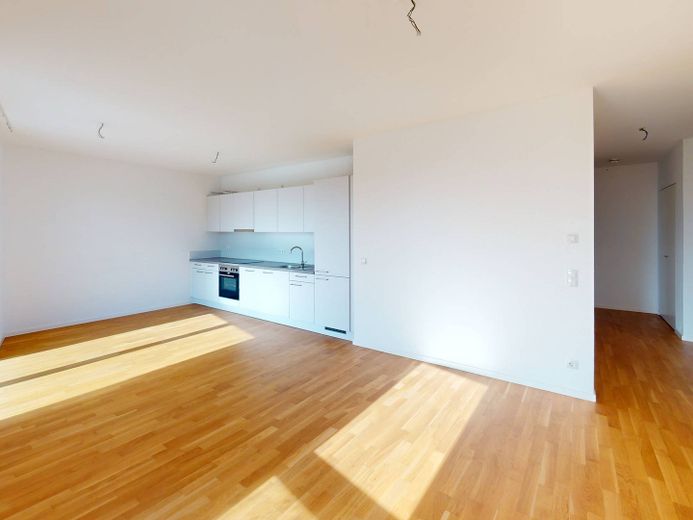 Moderne 3-Zimmer-Wohnung mit EBK und ZWEI BALKONEN im Neubauquartier 'Ferdinand's Garden' – Ansicht I: Wohnzimmer mit off…