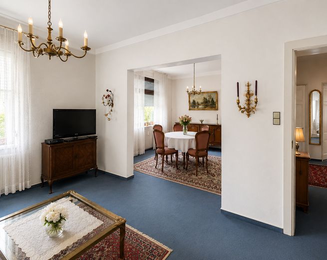 Provisionsfrei – Mehrfamilienhaus mit Halle in Bensheim - Denkmal – Wohnen & Vermieten – Wohnen-/Esszimmer - OG