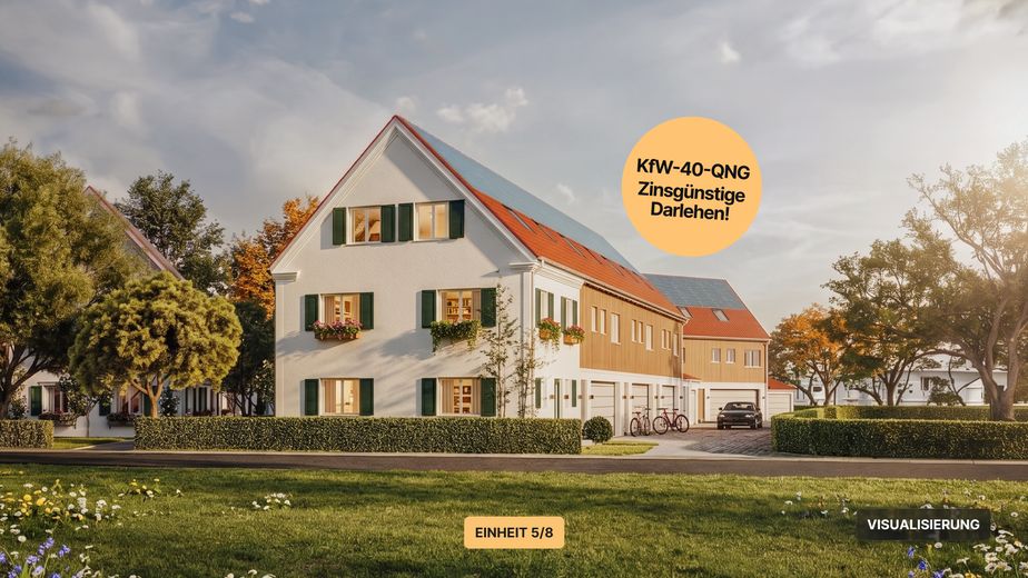 Eenheid 5 – Hoekwoning in landelijke stijl met tuin & dubbele garage | KfW-40-QNG, bouw is begonnen – Visualisierung – Front